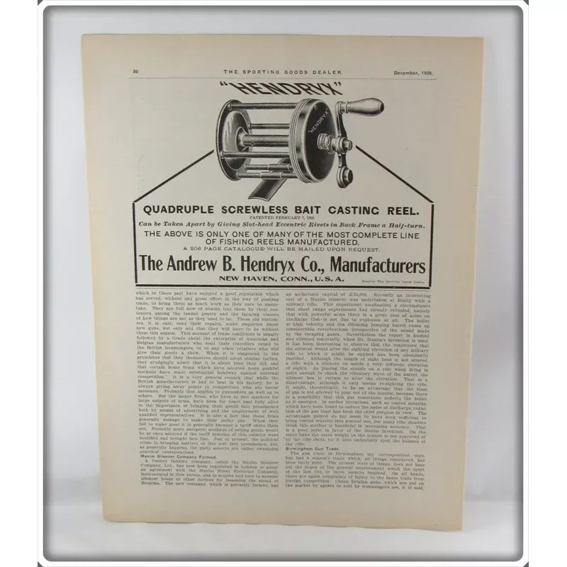 1909 Hendryx Bait Casting Reel Ad