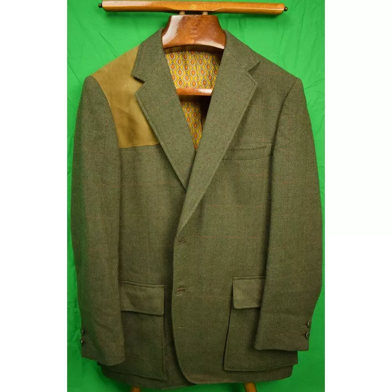 "Chipp Birdseye Windowpane Tweed Shooting Jacket w/ Suede Shoulder Patch & Foulard Print Lining" Sz: 44R